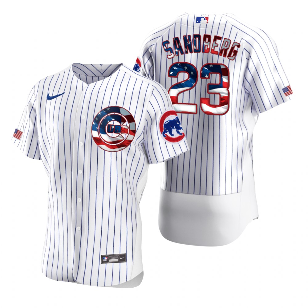 Chicago Cubs #23 Ryne Sandberg Men Nike White Fluttering USA Flag Limited Edition Authentic MLB Jersey